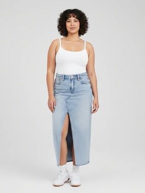 American Eagle Outfitters Dreamy Drape Low Rise Denim Maxi Skirt A Line Size 10